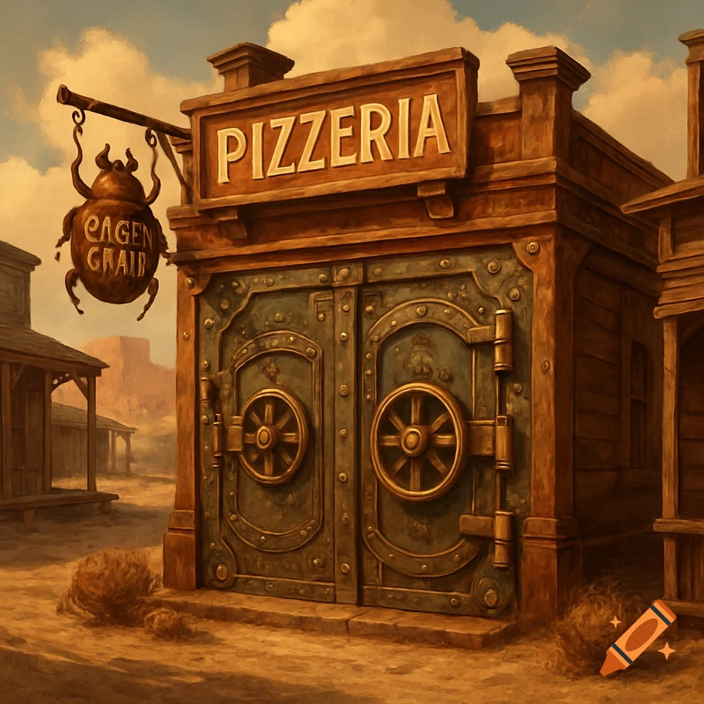 A stylized Wild West pizzeria designed like a large, ornate metal vault with two doors. A sign above says "Pizzeria," and a hanging beetle-shaped sign next to it reads "EAGEN GRAID" against a desert landscape.