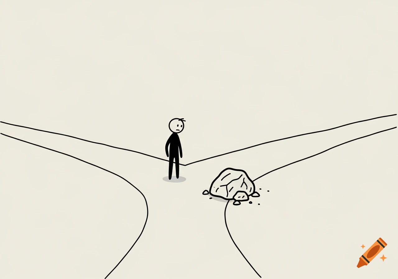 A simple black-and-white stick figure drawing shows a person standing at a crossroads, with a rock blocking one path.