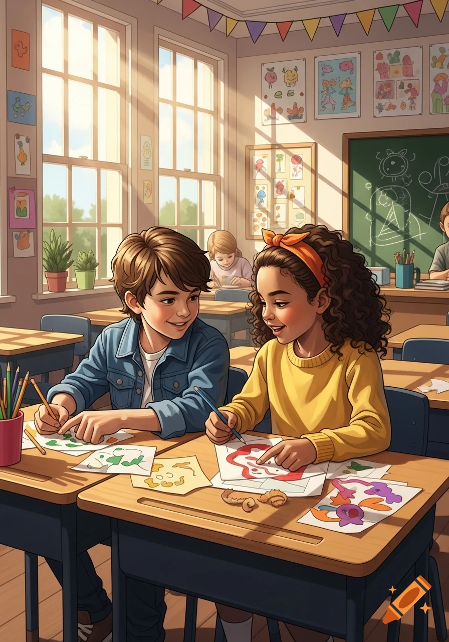 Two smiling children drawing at wooden desks in a bright, sunlit ...