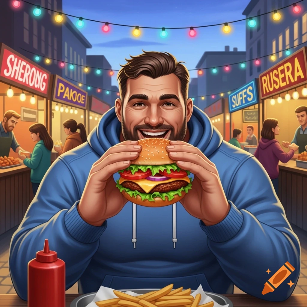 A smiling man in a blue hoodie holds a burger at a vibrant street food market with string lights, fries, and ketchup.