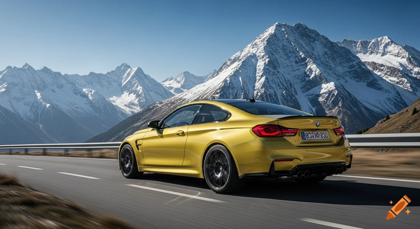 A yellow BMW M4 Competition Coupe drives on a winding mountain road, with majestic snowy peaks under a clear blue sky.