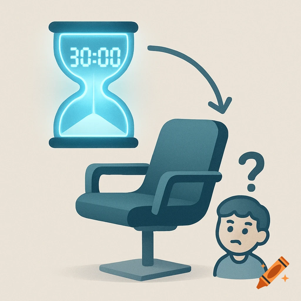 Stylized illustration of a glowing blue hourglass showing '30:00' over a teal office chair, with an arrow pointing down to the chair, and a confused person icon.