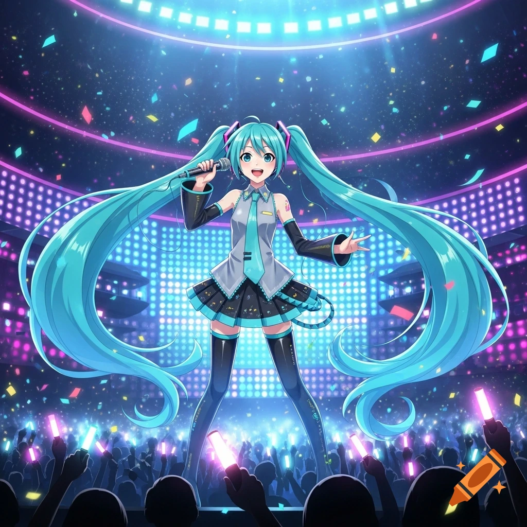 Hatsune Miku sings on stage at a vibrant concert, illuminated by bright lights, with a crowd holding glowing light sticks.