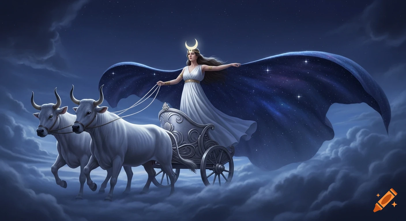 Goddess Selene in a white gown and crescent crown rides a silver chariot pulled by two white bulls across a starry night sky, trailing a celestial cloak.
