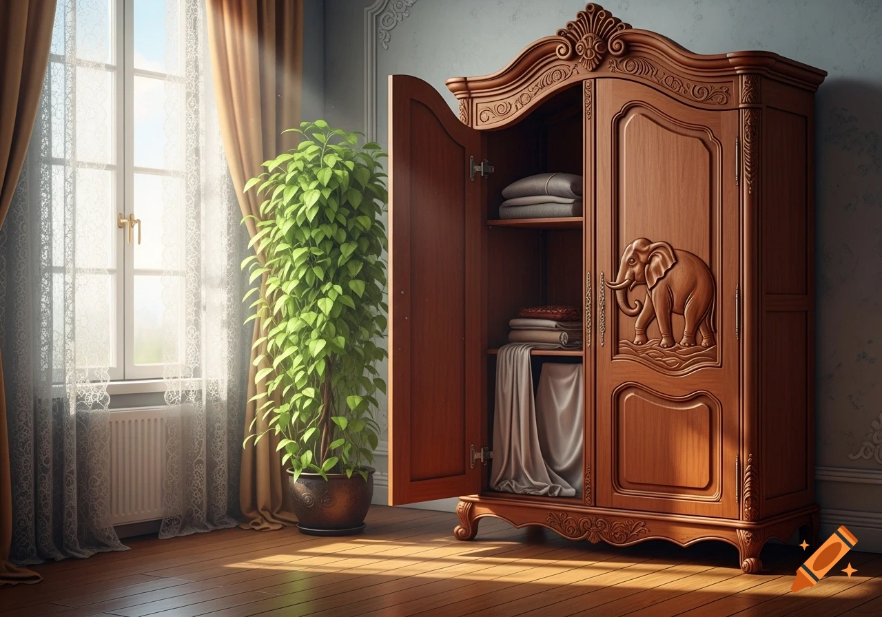 A photorealistic image of an ornate wooden wardrobe with an elephant carving, standing next to a tall green potted plant by a sunlit window.