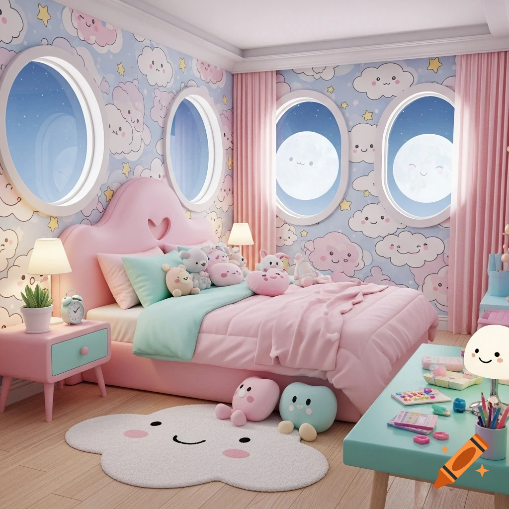 A pastel pink and blue kawaii bedroom with a heart-shaped headboard, plush toys, cloud wallpaper, and round windows showing moon faces.