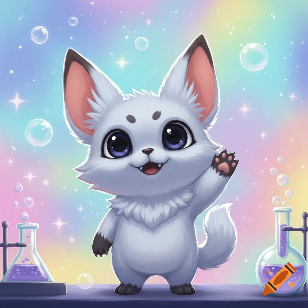 A cute, fluffy white cartoon creature with big eyes waves on a magical pastel background with bubbles, stars, and lab beakers.