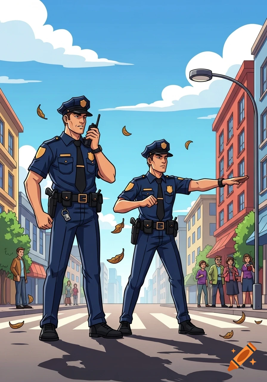 Two cartoon police officers on a city street, one holding a radio, the other directing traffic, with buildings and falling leaves in the background.