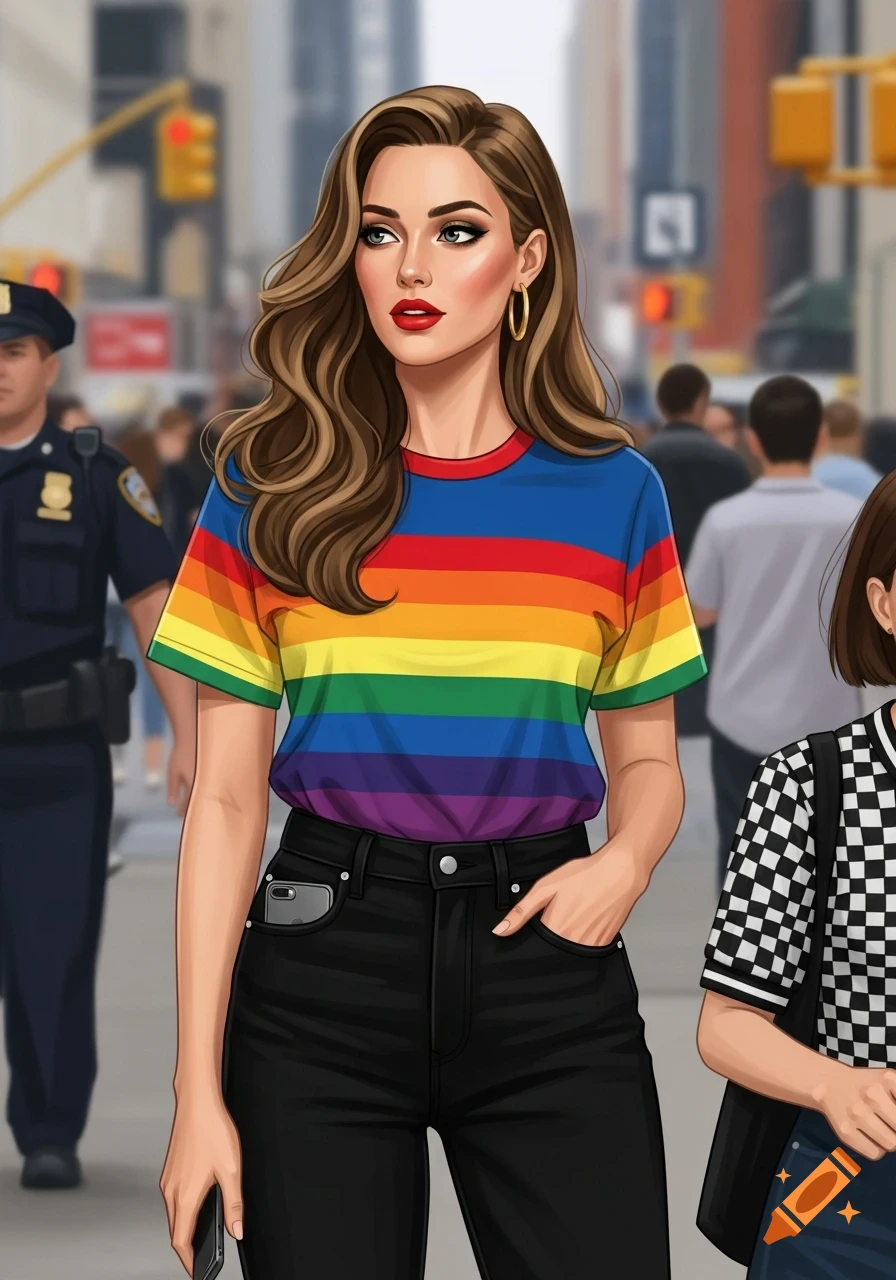 An illustration of a woman in a rainbow-striped t-shirt and black jeans, standing on a blurry city street with a police officer and another woman in the background.
