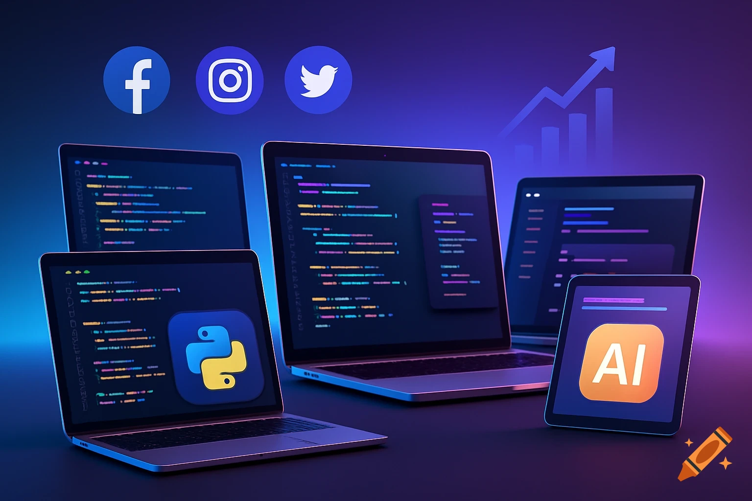 Laptops and a tablet display programming code, Python, and AI logos against a blue and purple backdrop with social media icons and a growth chart.