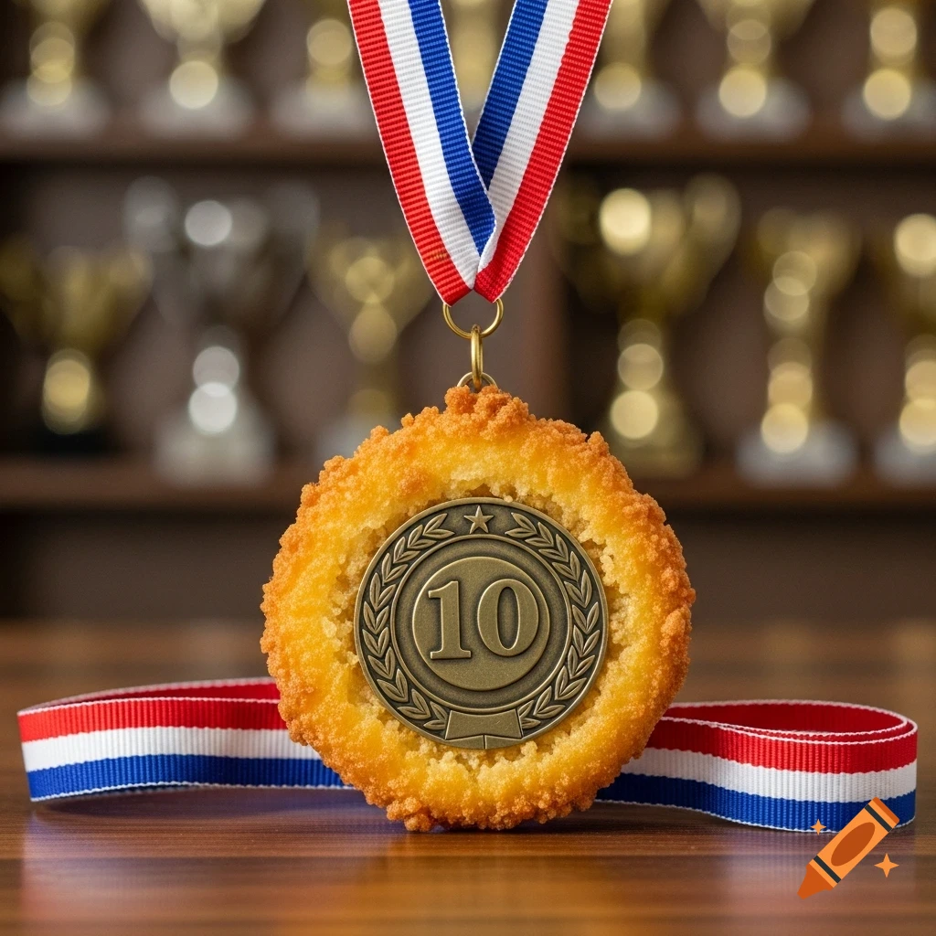 A deep-fried award medal with the number 10 on a red, white, and blue ribbon, with blurred trophies in the background.