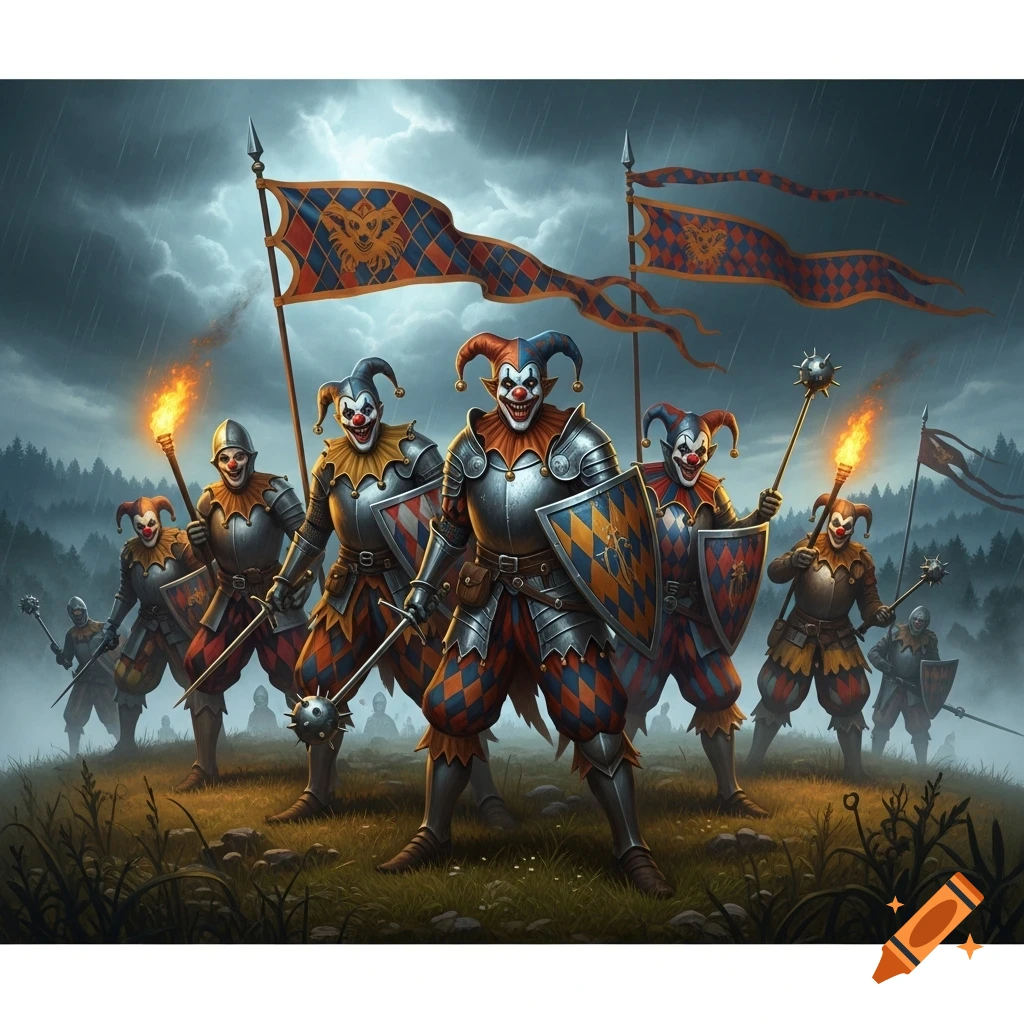 A medieval clown army in armor, holding weapons and banners, stands ready for battle in a field under a stormy sky.