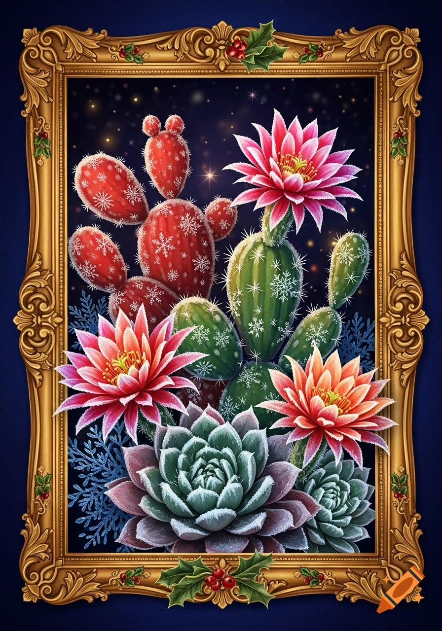 Vibrant illustration of winter holiday cacti and succulents with flowers and snowflakes in an ornate gold frame decorated with holly on a sparkling blue background.