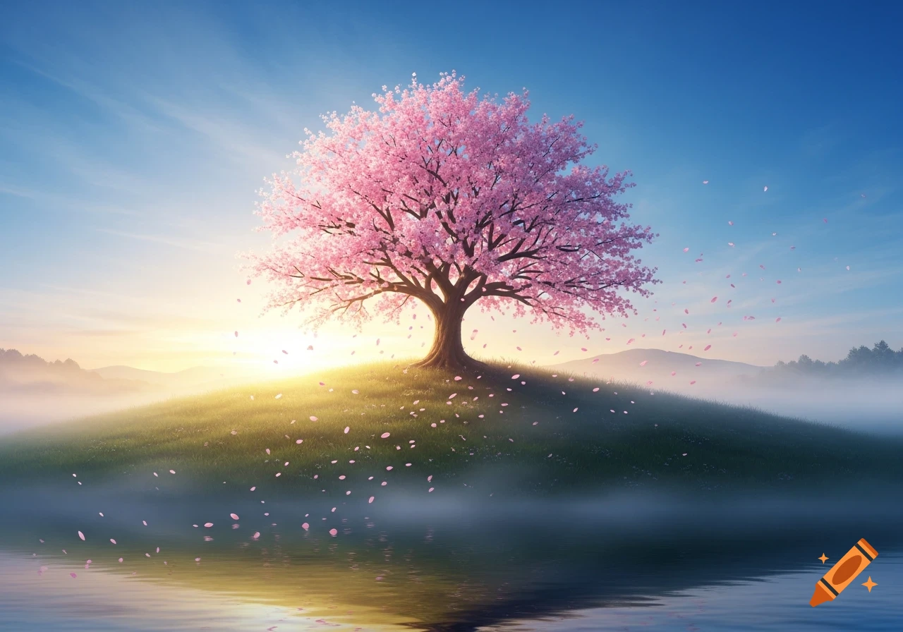 A vibrant cherry blossom tree stands on a misty hill overlooking a serene lake at sunrise, with pink petals falling.
