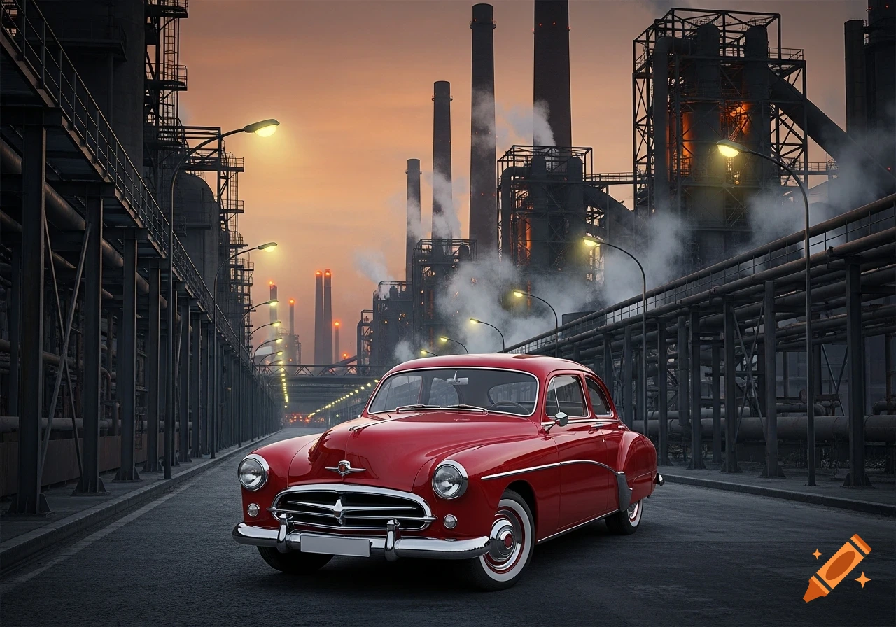 A red vintage car parked on a road in front of a vast industrial complex with smoking chimneys and streetlights at dusk, photorealistic.