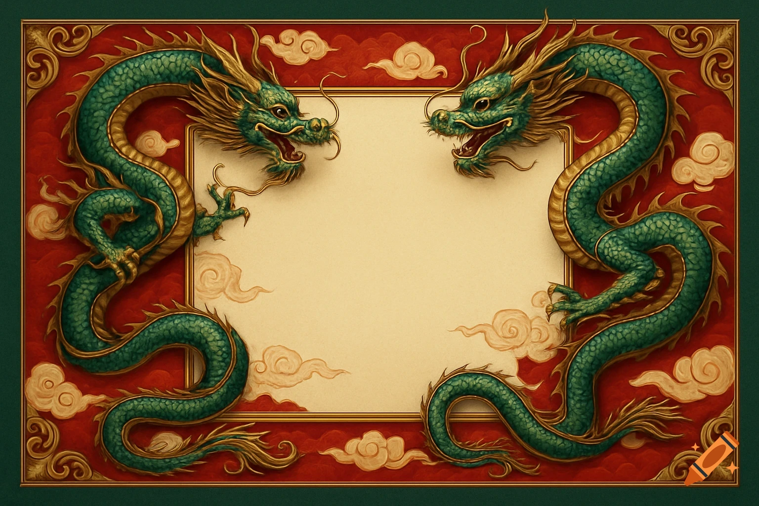 Two green and gold Chinese dragons frame a central blank space, set against a red background with golden clouds.