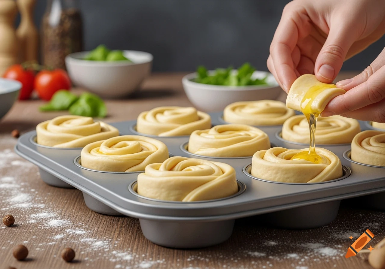 Close-up of hands pouring a liquid onto dough rolls in a muffin baking pan on a wooden table.