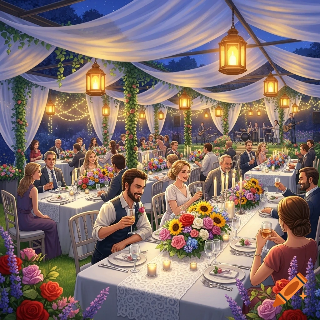 A vibrant outdoor wedding reception with guests seated at white tables adorned with colorful flowers, under a canopy with hanging lanterns.