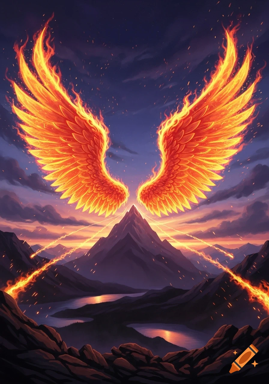 Vibrant fantasy art of large fiery wings over a mountain landscape at sunset with streams of fire and a reflective lake.