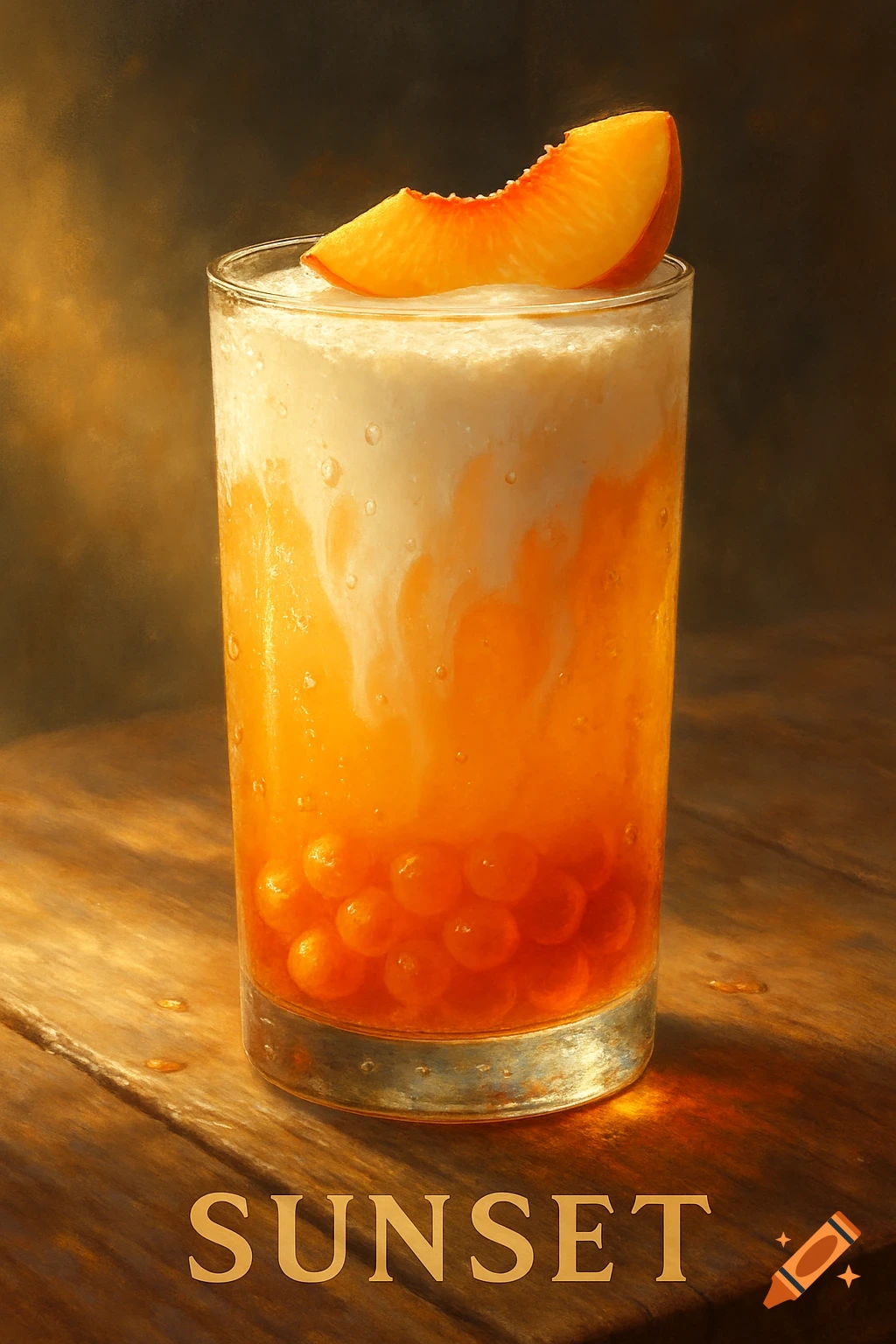 A tall glass with an orange and white layered peach boba drink, garnished with a peach slice, on a wooden table. The word SUNSET is below.