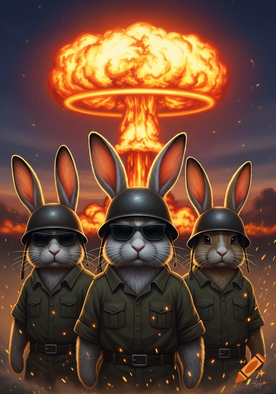 Three anthropomorphic rabbits in military helmets and sunglasses stand before a large atomic mushroom cloud.