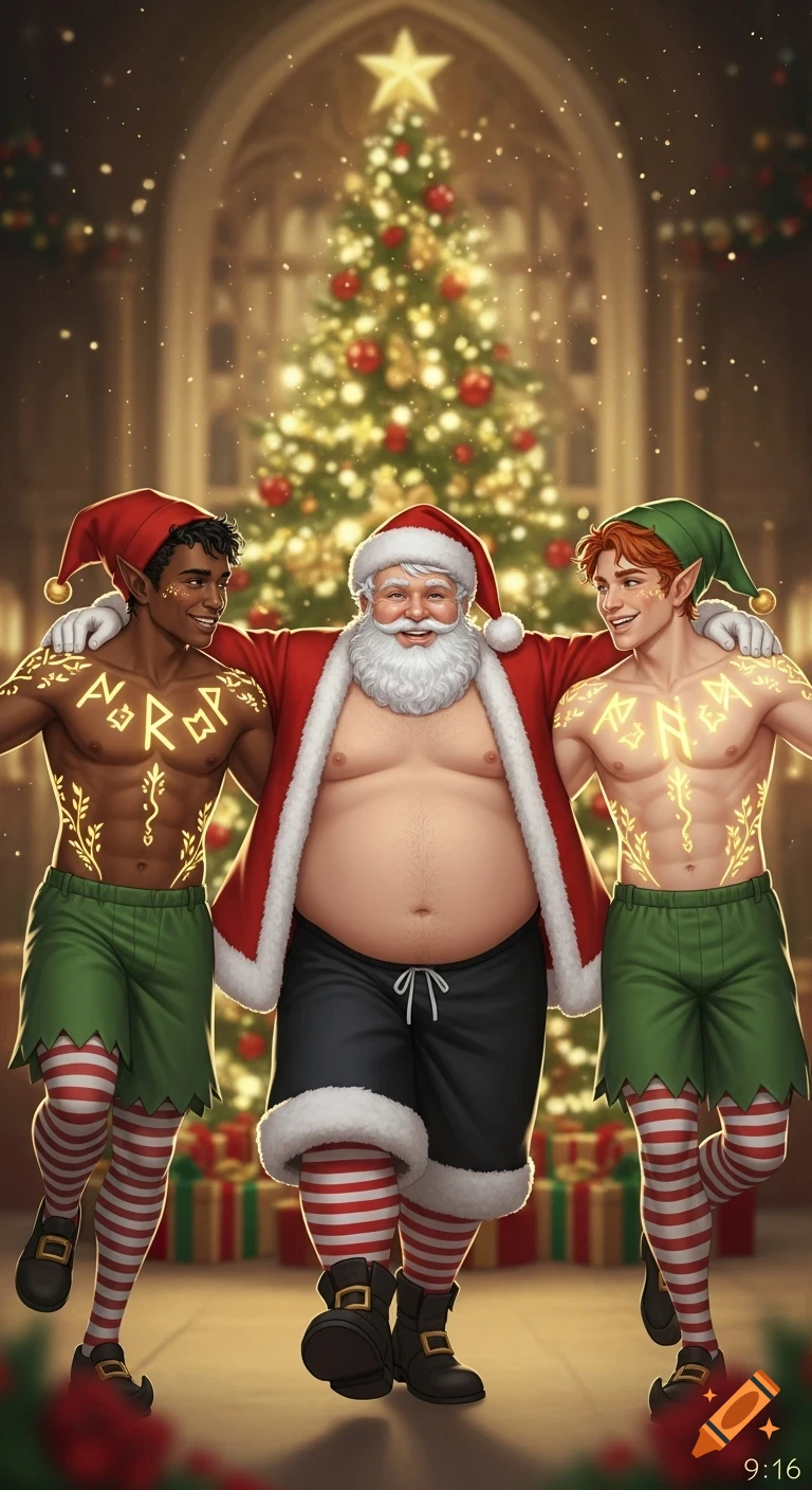 A smiling Santa Claus with an open jacket showing his bare belly stands between two shirtless elves with glowing rune-like tattoos, all wearing striped socks, dancing in front of a decorated Christmas tree.