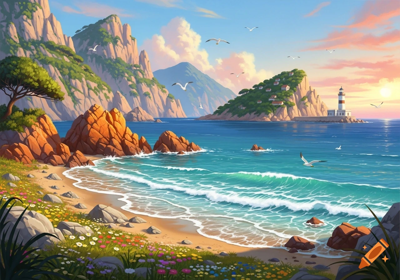 A vibrant, cartoon-style coastal landscape with a sandy beach, turquoise waves, rocky shores, green mountains, and a lighthouse under a sunny sky.