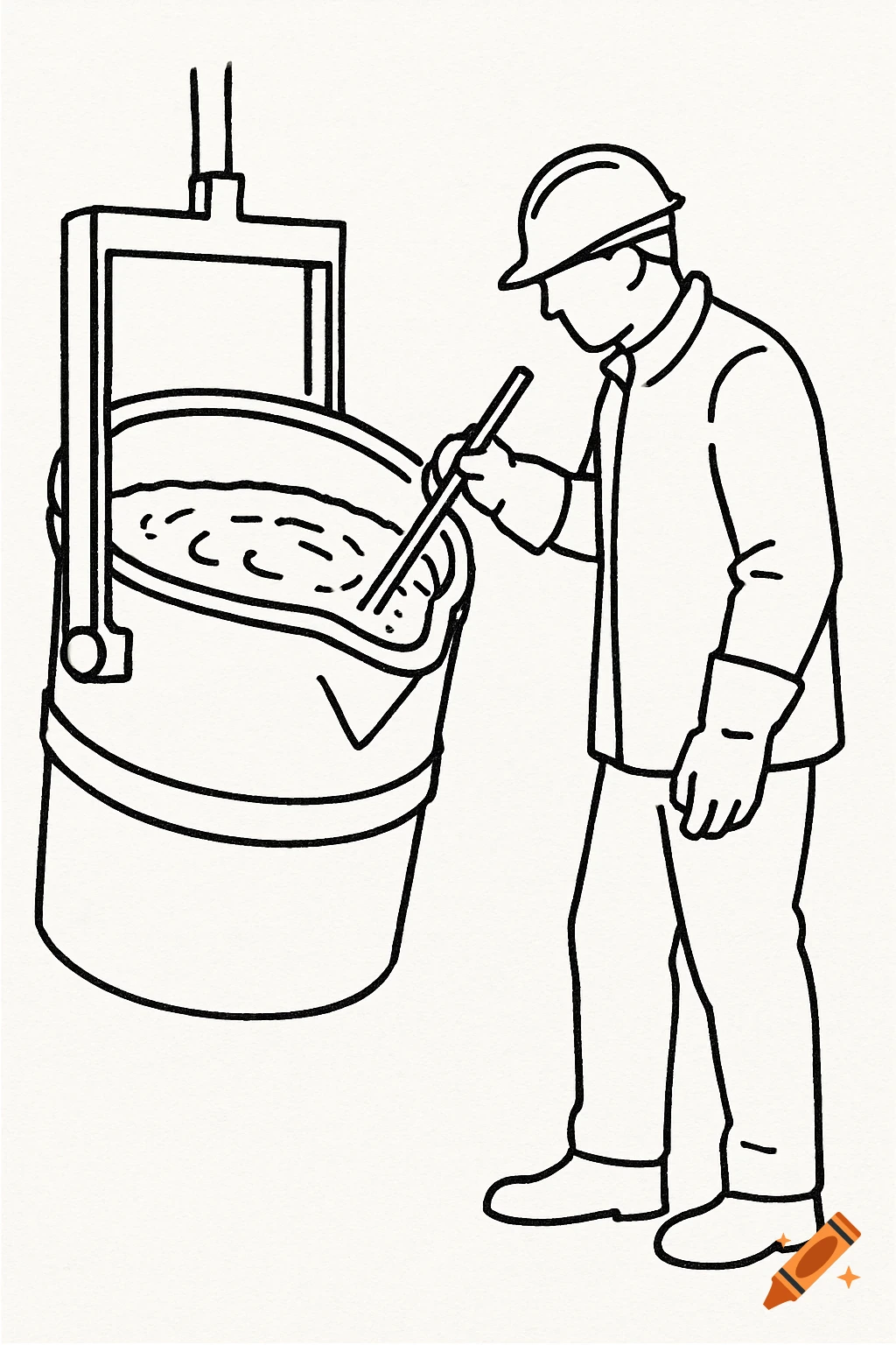 Schematic line illustration of a worker in a hard hat stirring molten metal in a large crucible.