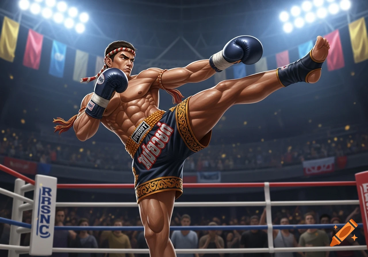 A muscular Muay Thai fighter in dark blue shorts, boxing gloves, and traditional headwear throws a high kick in a brightly lit boxing ring filled with a cheering crowd.