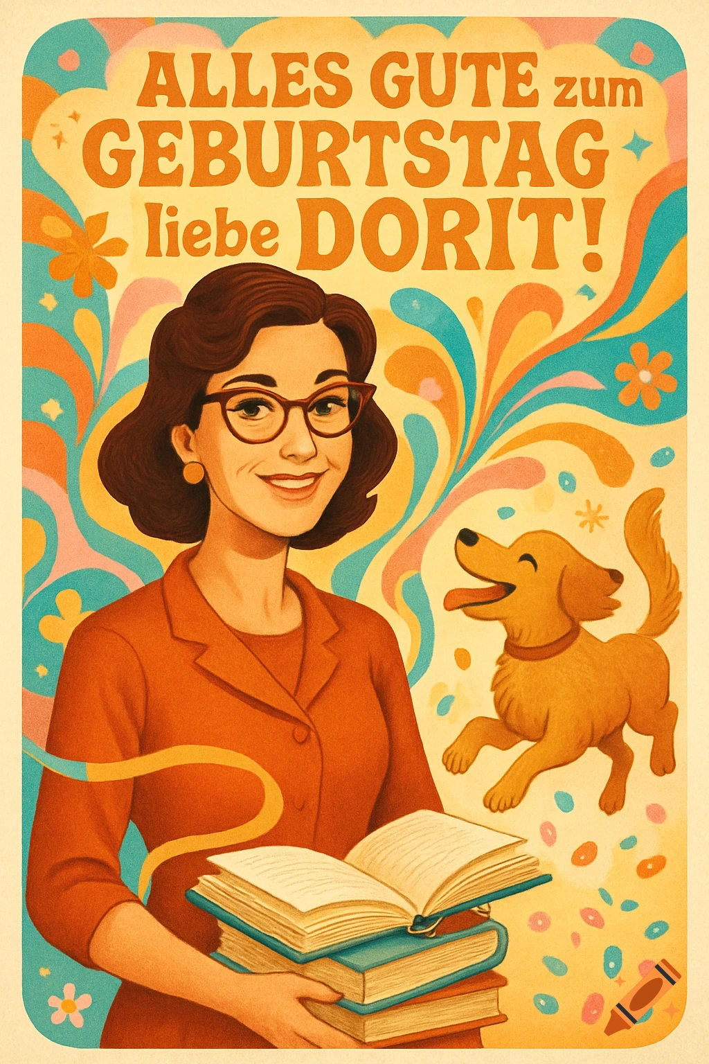 A vibrant 60s retro birthday card illustration featuring a smiling woman with glasses and books, a joyful dog, and confetti with the text 'Alles Gute zum Geburtstag liebe Dorit!'