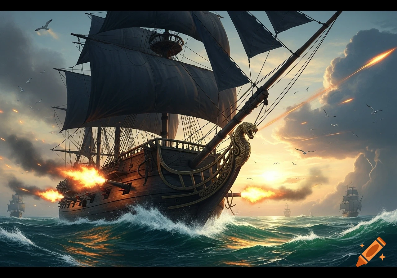 A dramatic scene of a pirate ship with black sails firing cannons at sea during sunset, with other ships in the distance.
