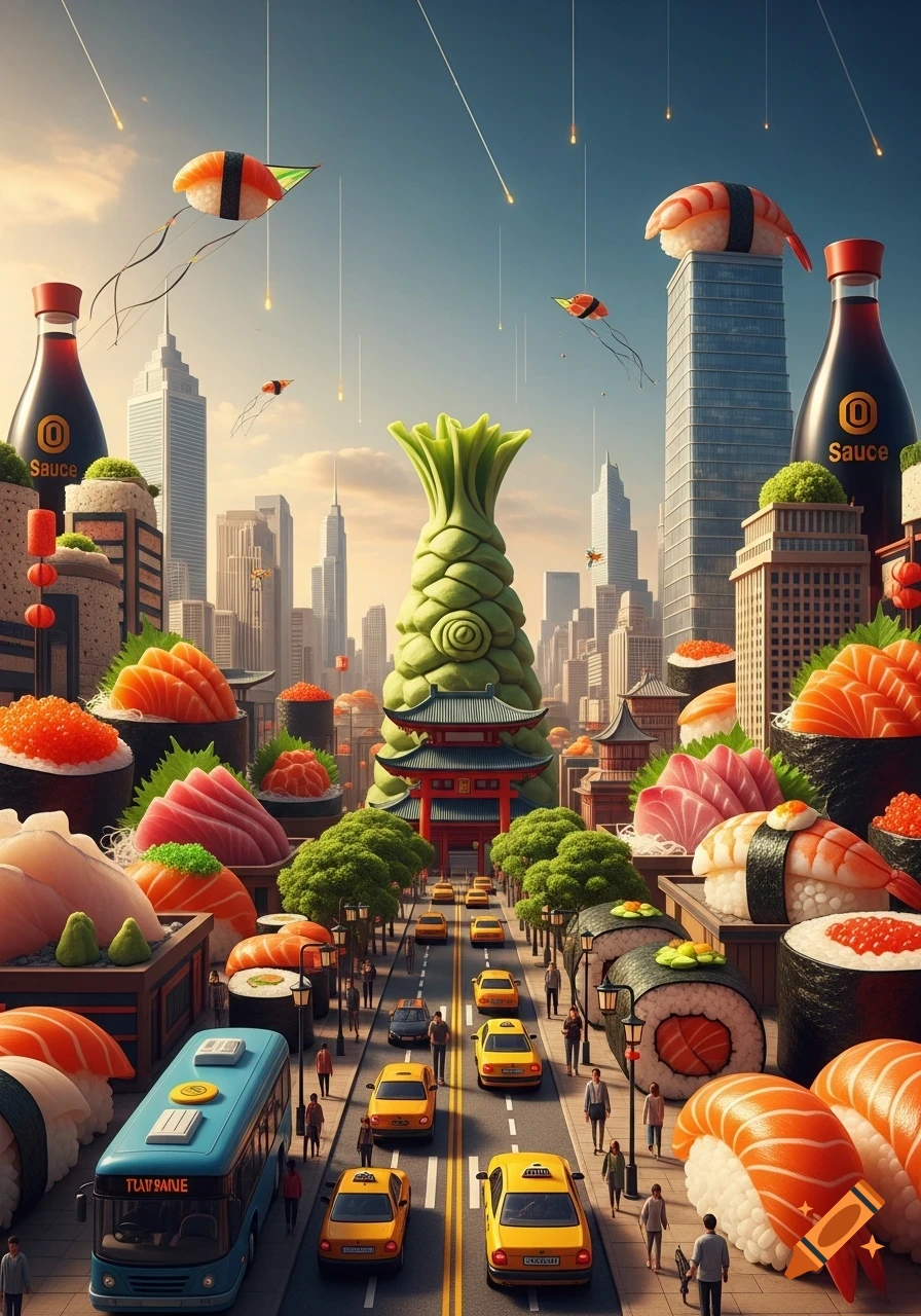 A whimsical cityscape with buildings, cars, and people, all made of various types of sushi and sashimi, with soy sauce bottles as skyscrapers and flying sushi kites.