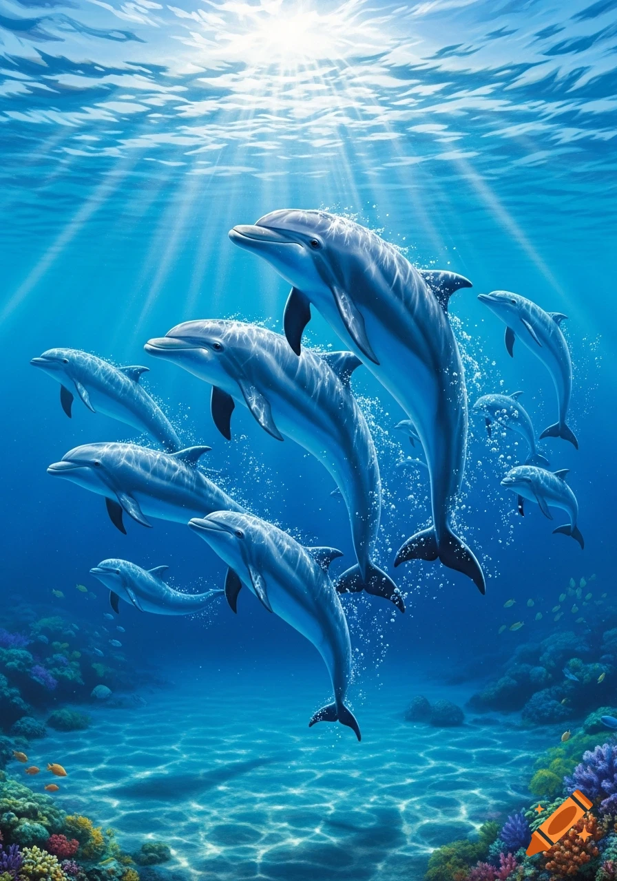 Multiple dolphins swim gracefully underwater, illuminated by bright sun rays filtering through the surface, above a colorful coral reef.