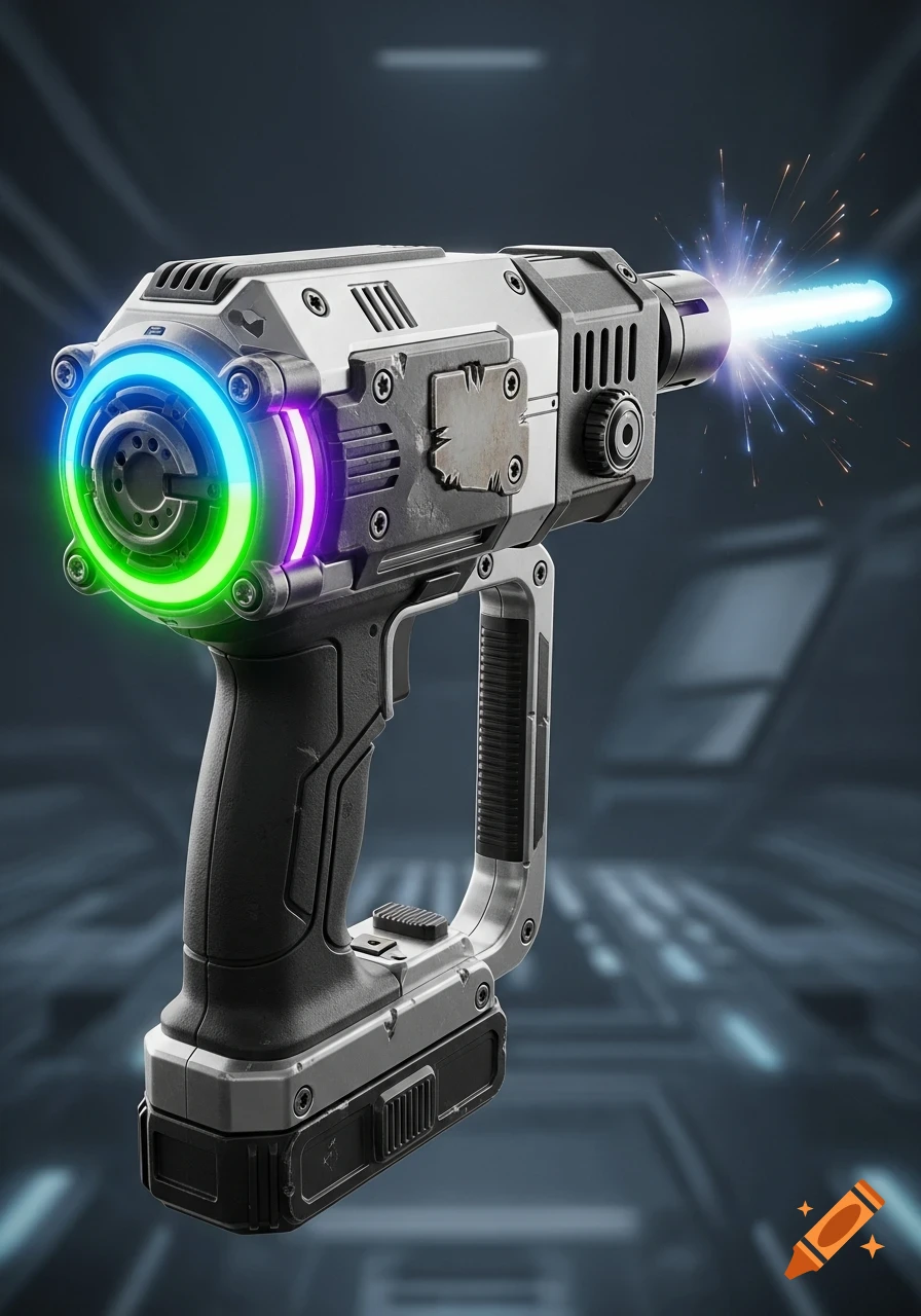 A close-up of a futuristic, rugged laser gun with neon green, blue, and violet glowing rings, emitting a light blue energy beam and sparks.