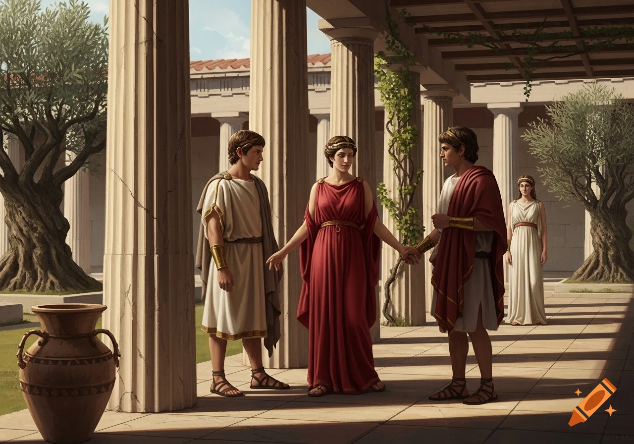 Three people in ancient Greek robes, two holding hands in a colonnade, another woman stands in the background, with olive trees and an urn.