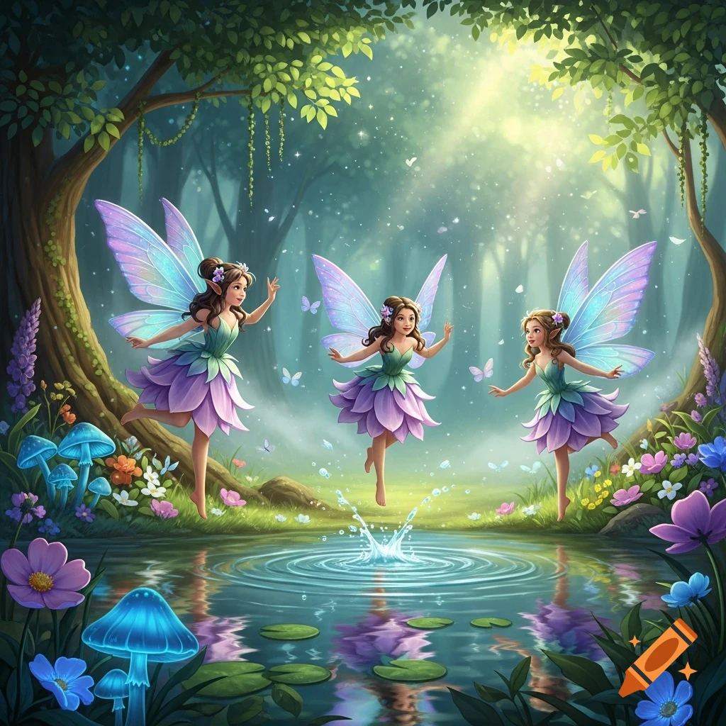 Three vibrant fairies with shimmering wings play in a magical forest with glowing mushrooms and butterflies, splashing water in a pond.