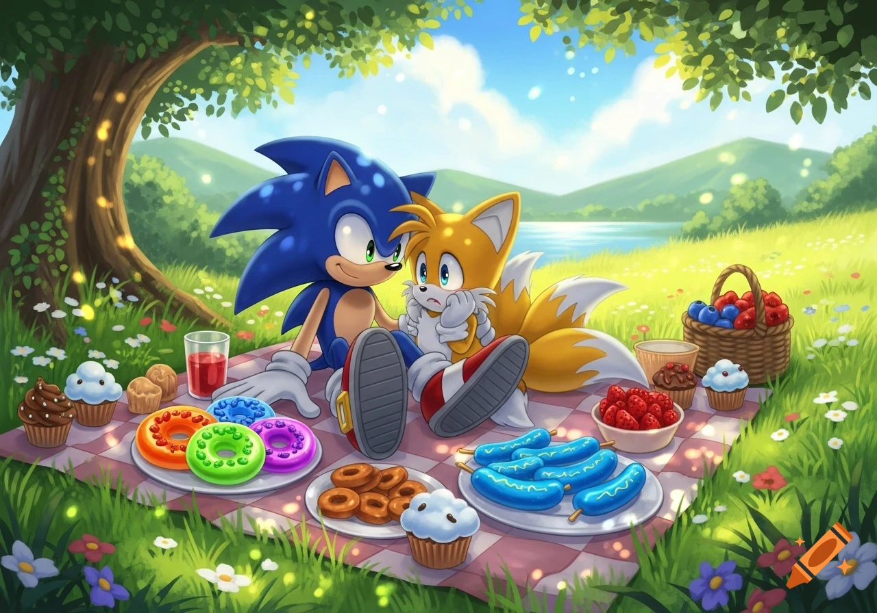 Sonic the Hedgehog and Tails enjoy a picnic with various treats by a lake in a grassy, sunny field.