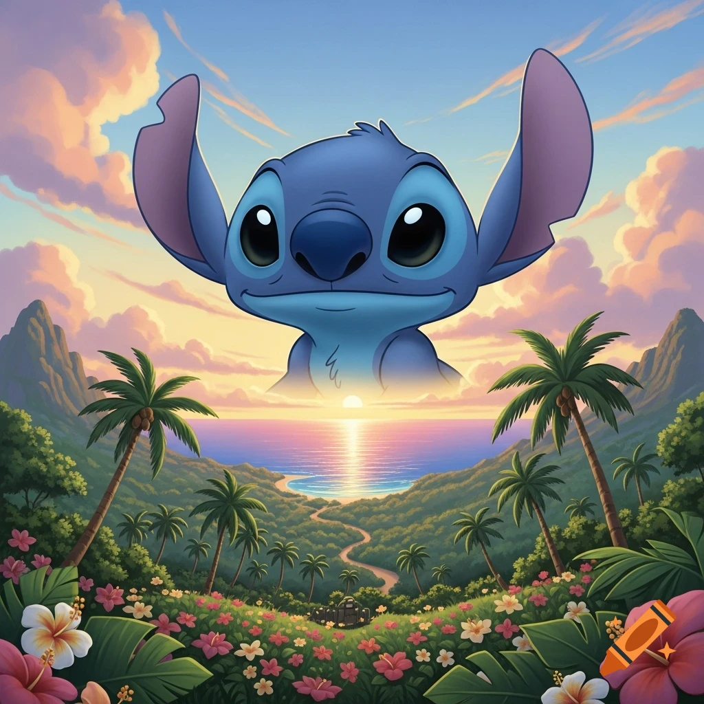 A giant, smiling Stitch character rises above a vibrant tropical landscape at sunset, with palm trees, flowers, and an ocean view.