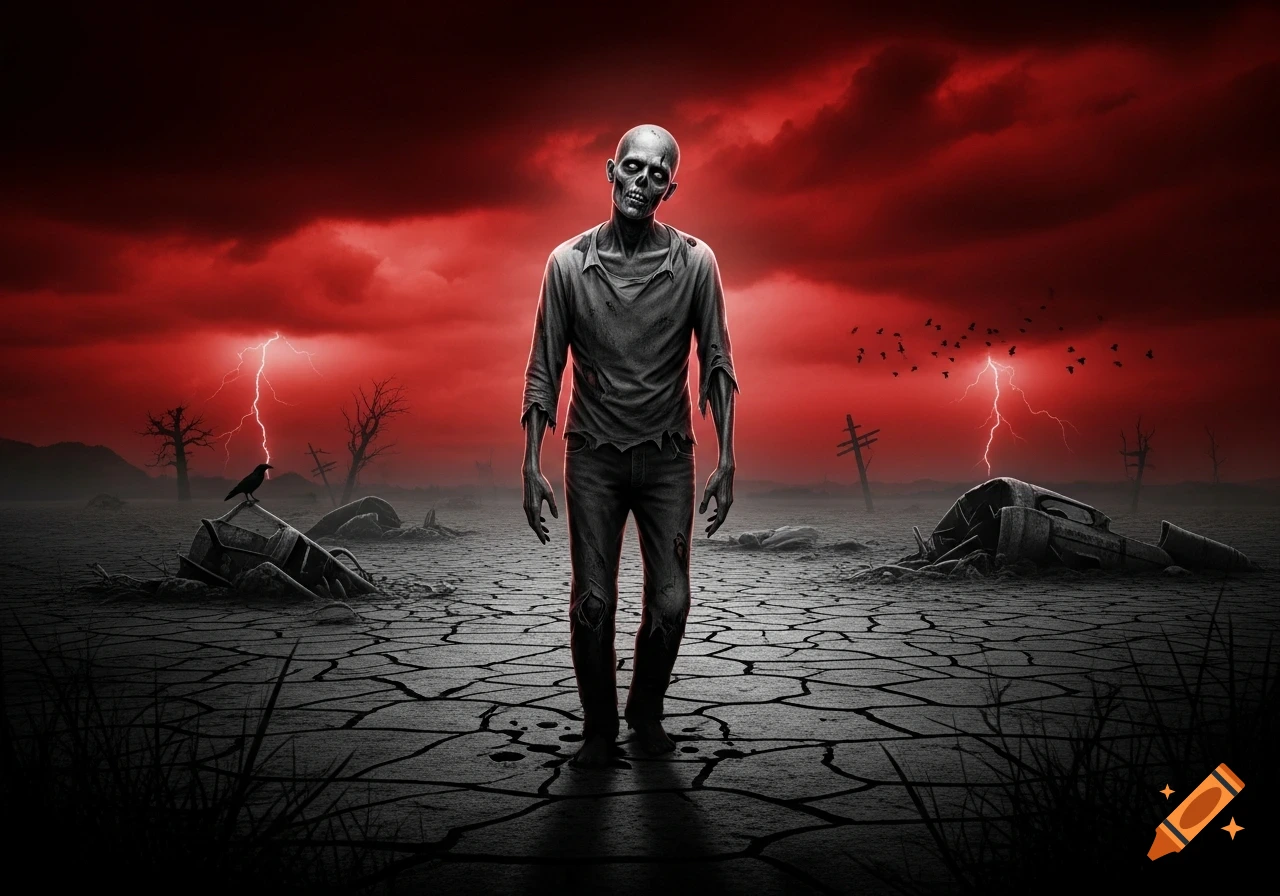 A lone zombie stands on cracked earth under a stormy red sky with lightning, barren trees, and crows.