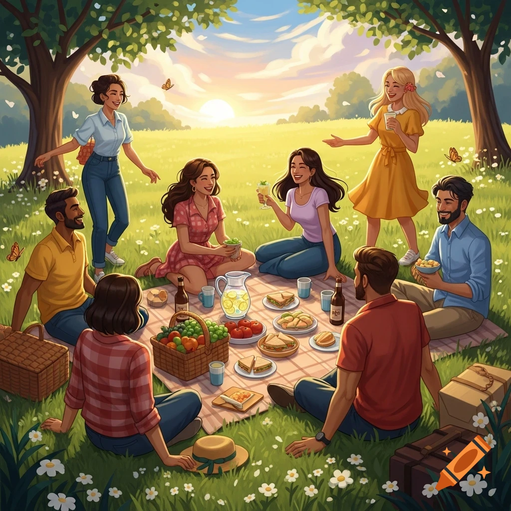 An illustration of a diverse group of friends enjoying a sunny picnic in a grassy field with trees at sunset.