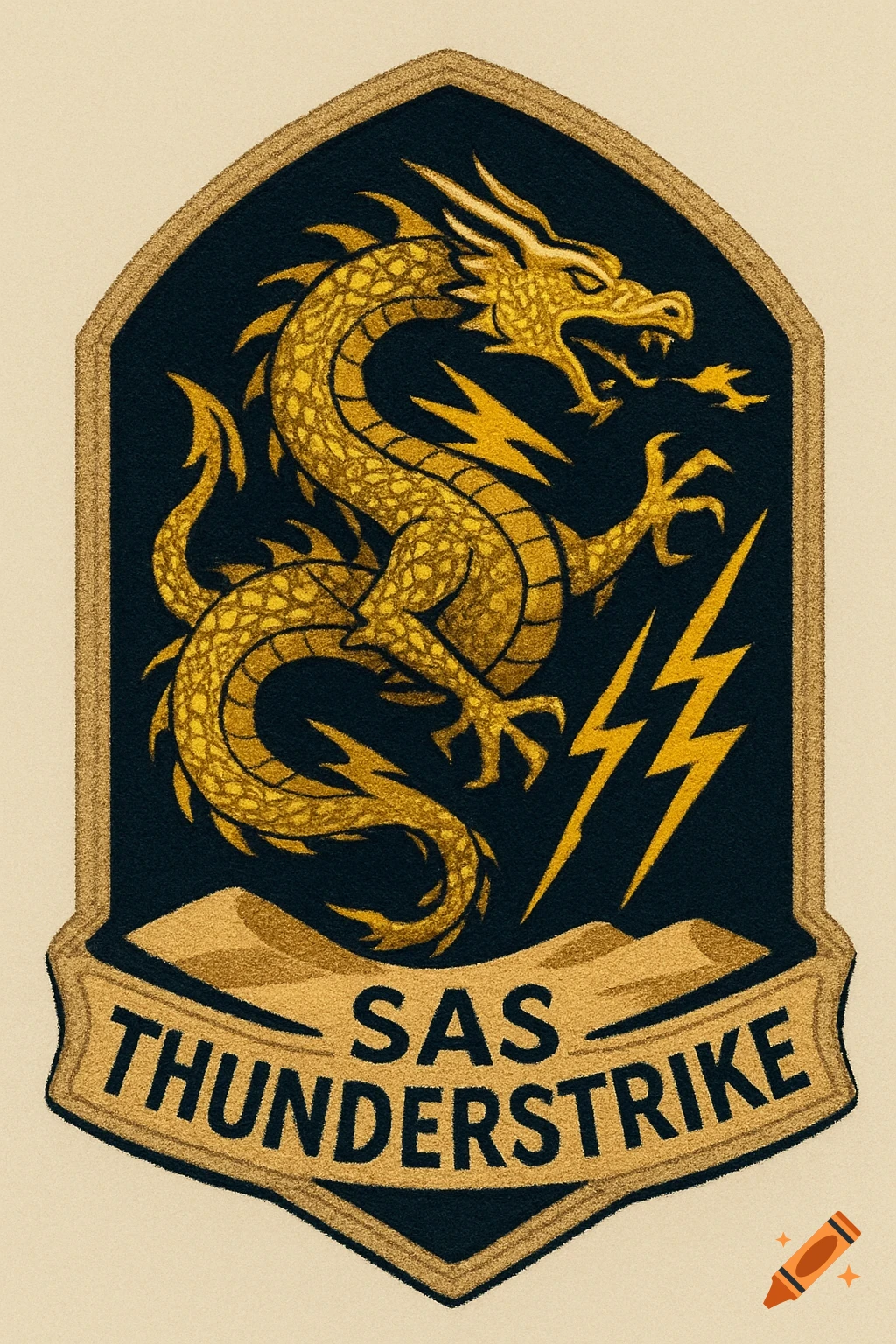 A military-style badge with a gold dragon and lightning bolts on a dark background, with the text "SAS THUNDERSTRIKE" at the bottom.