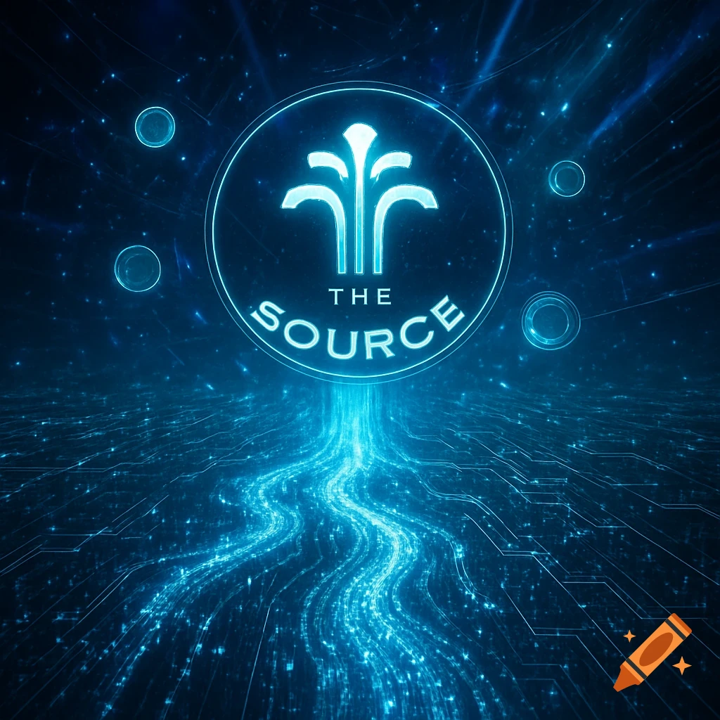A glowing blue digital logo with 'THE SOURCE' text, emitting a data stream into a circuit board network against a dark blue, starry background.
