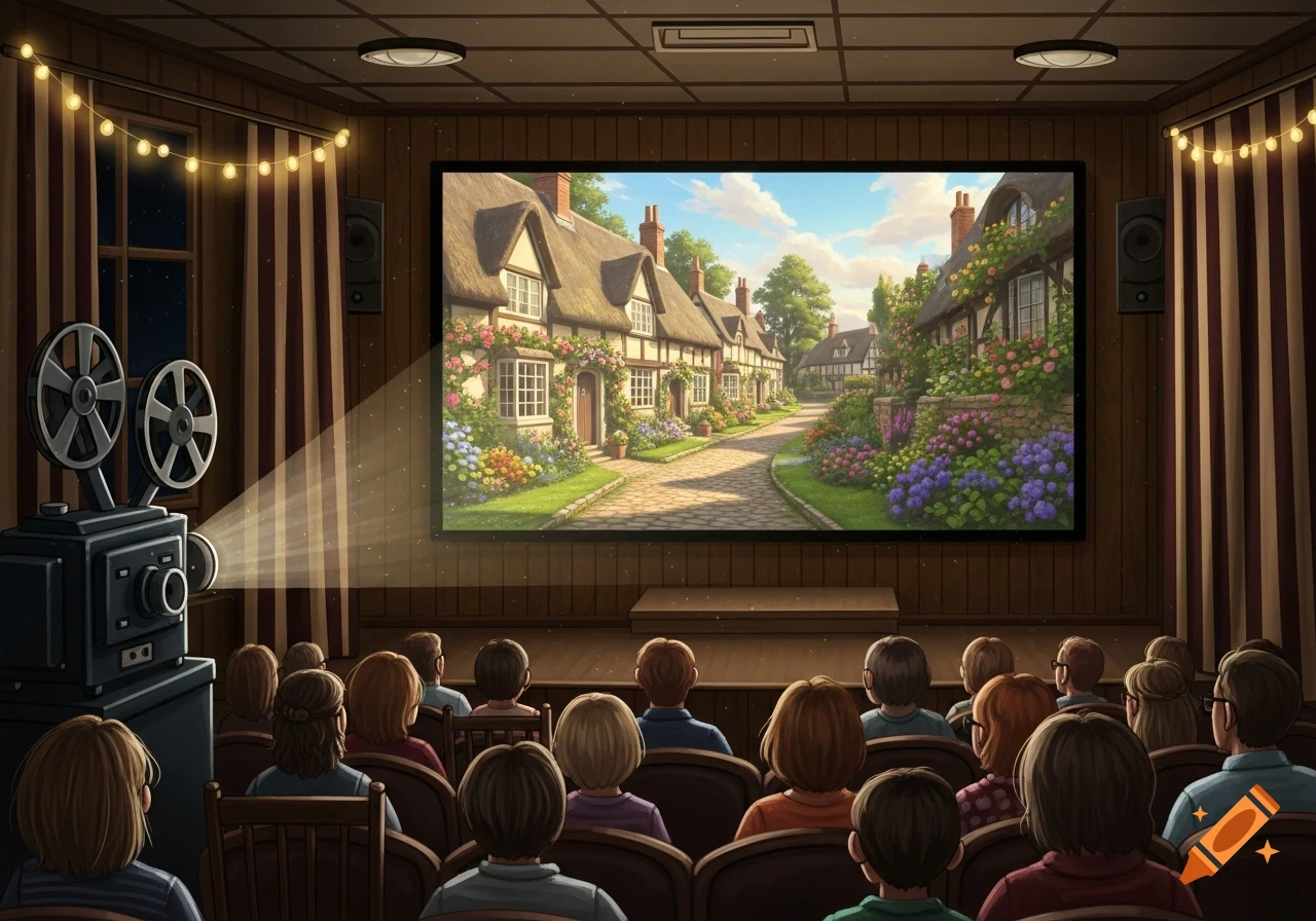 An illustrated audience watches a film of a picturesque English village with thatched cottages and vibrant flowers in an old community center.