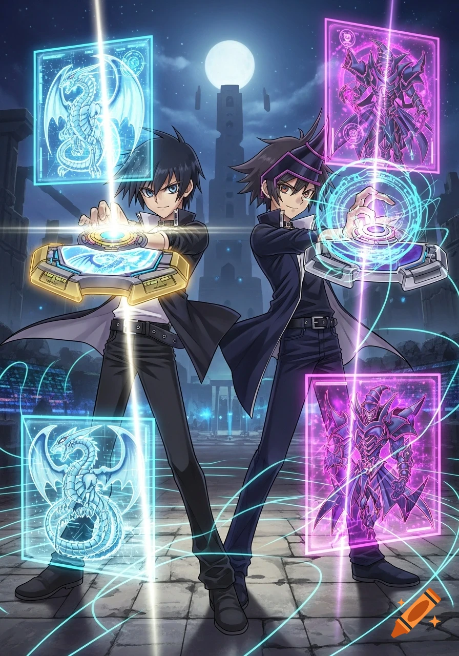 Two anime boys in a ruined city under a full moon, holding glowing duel disks and projecting card monsters.