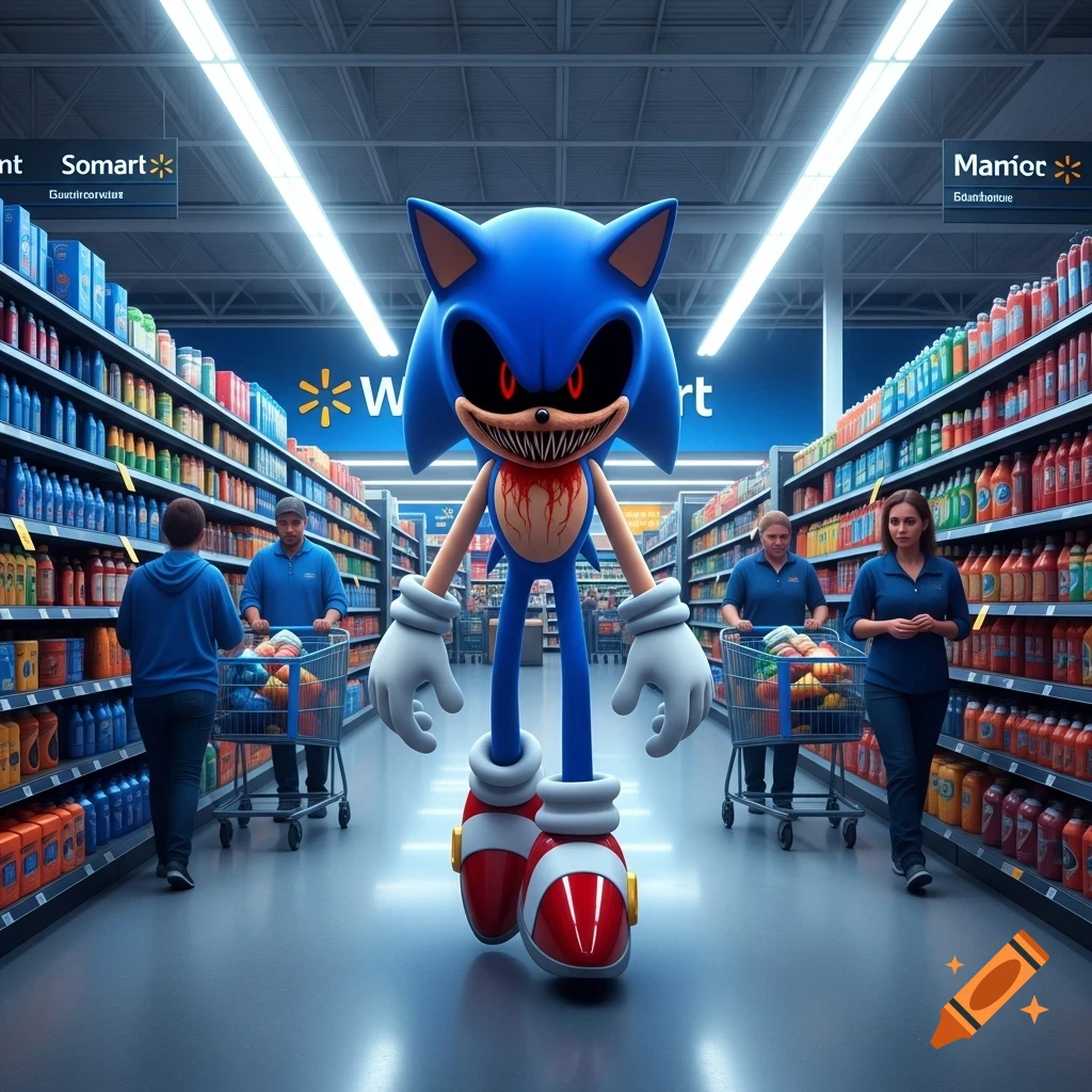 Sonic.EXE, a blue hedgehog with sharp teeth, glowing red eyes, and blood on his chest, stands in a brightly lit Walmart aisle with shoppers and employees in the background.