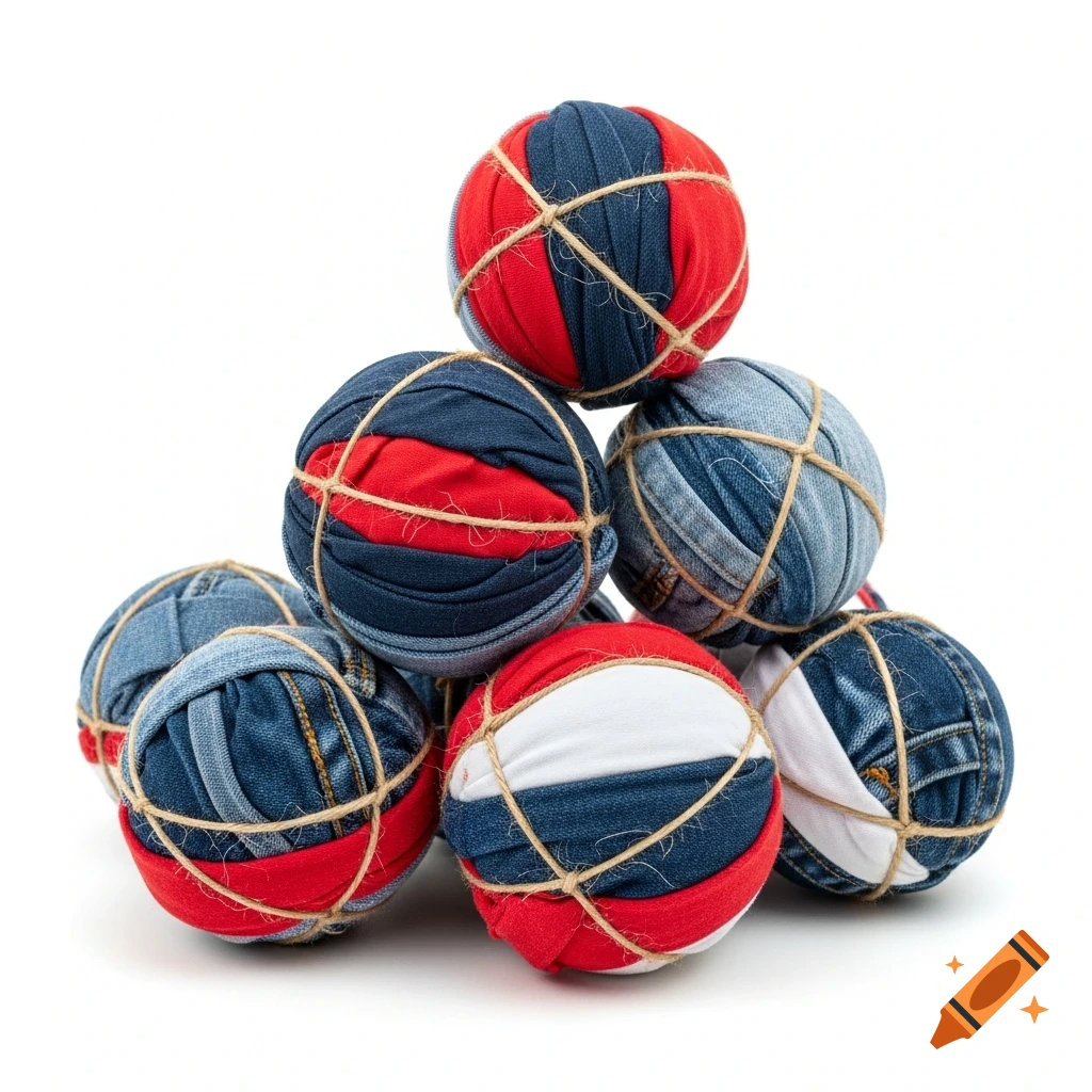 A pile of balls made from red, white, and blue fabric scraps and denim, some tied with twine, on a white background.