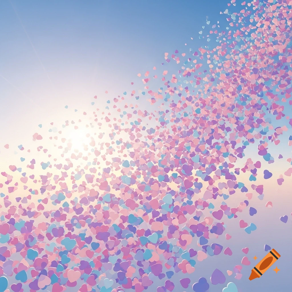 Hundreds of pink, purple, and blue hearts float across a bright, light blue sky with a sun flare.