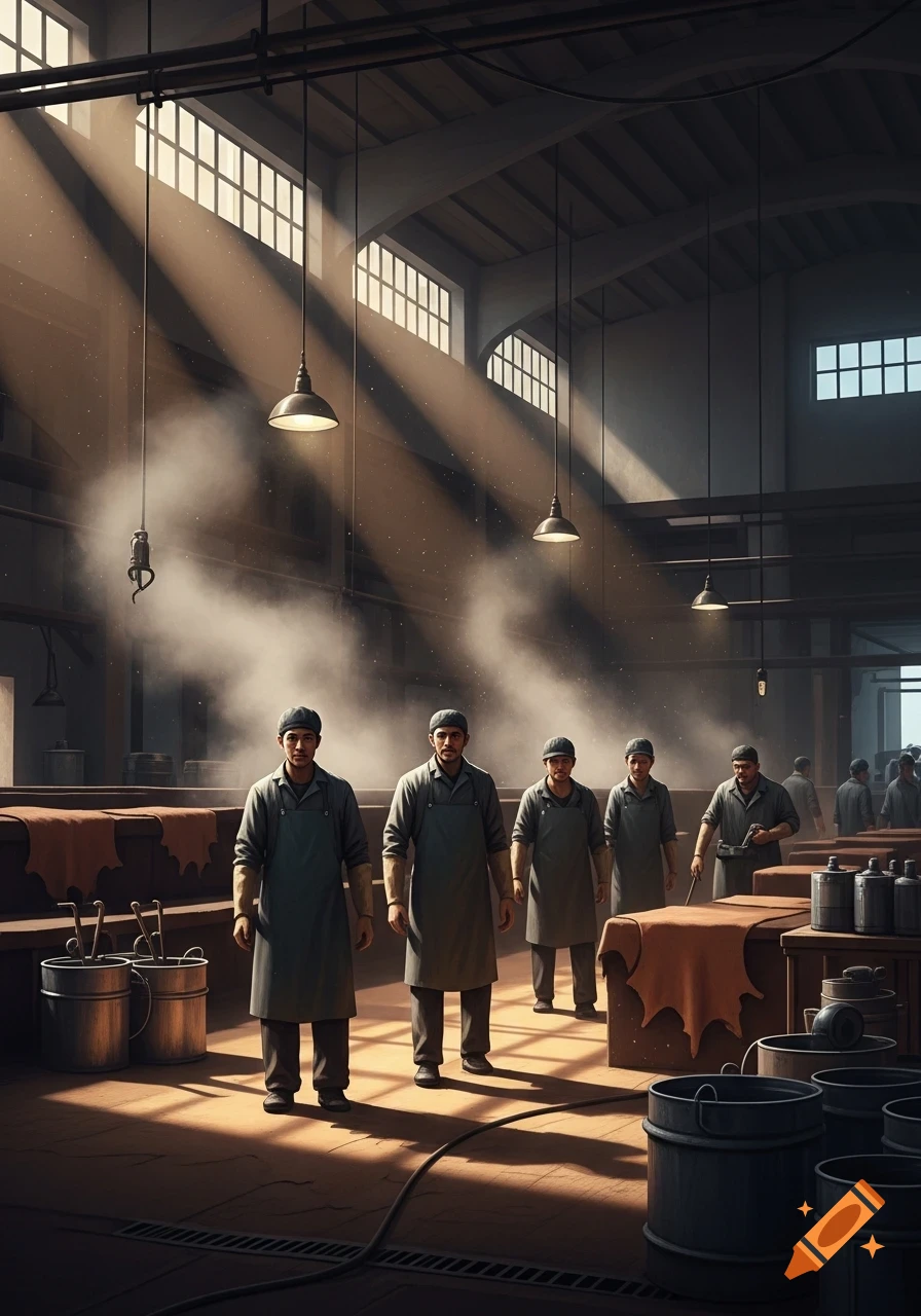 Male workers in aprons and caps stand in a sunlit, dusty factory interior with tall windows and industrial equipment.