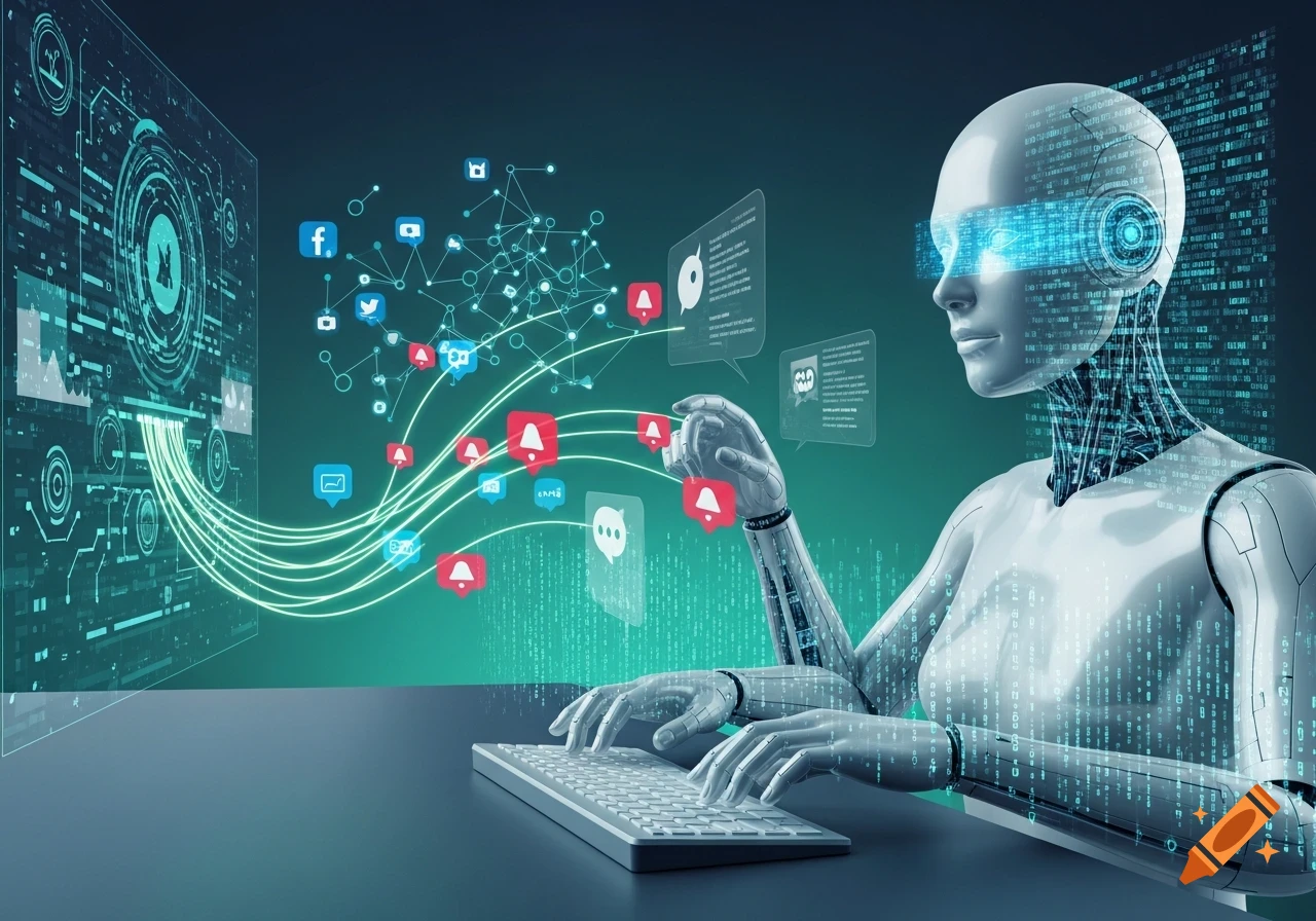 A futuristic humanoid robot with glowing blue visor eyes types on a keyboard, interacting with holographic social media icons and digital data streams.