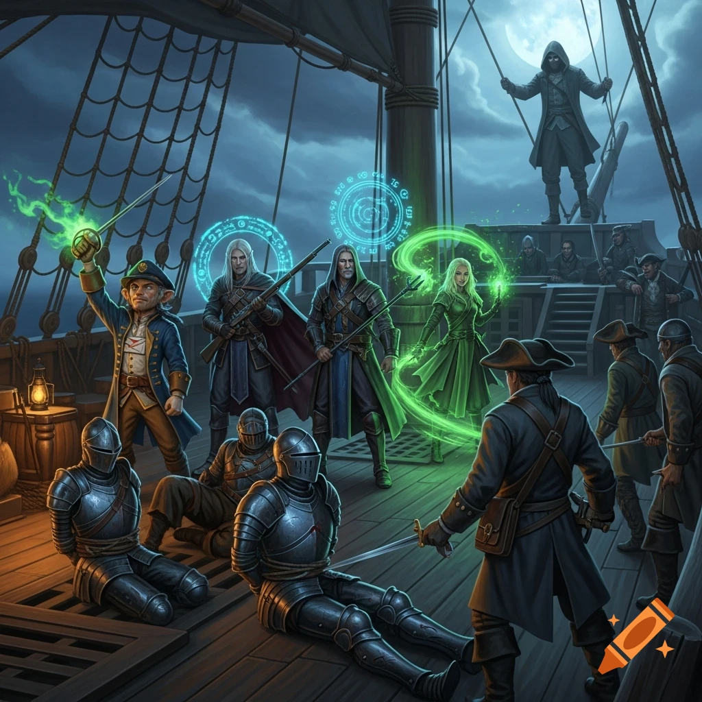 An epic fantasy oil painting of adventurers on a pirate ship. A halfling, two elves, and a human with glowing magic confront hostile pirates, with bound knights sitting on the deck under a moonlit sky.
